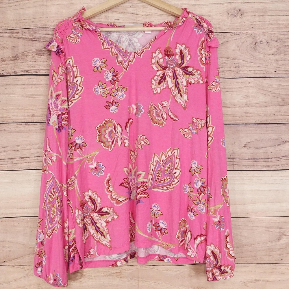 Belle By Kim Gravel Blouse Womens M Pink Floral V-Neck Balloon Sleeve Tunic